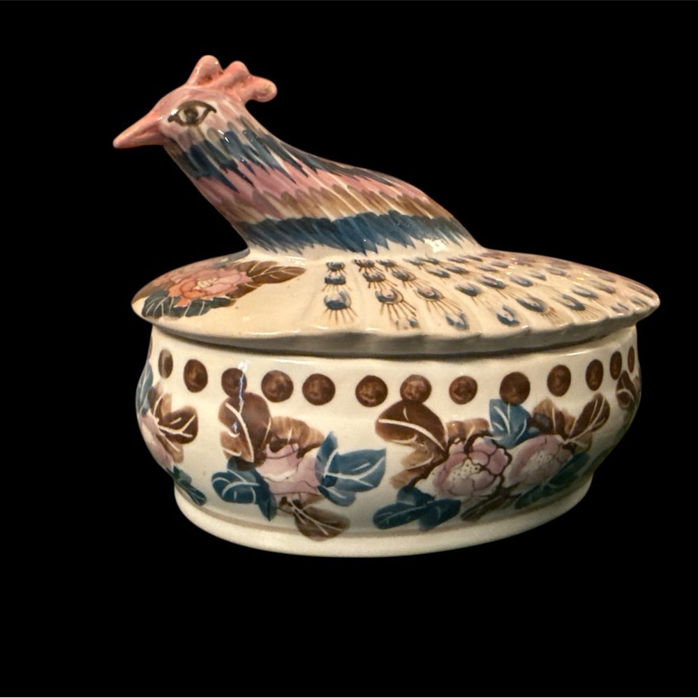 Hand painted peacock theme dish and lid set